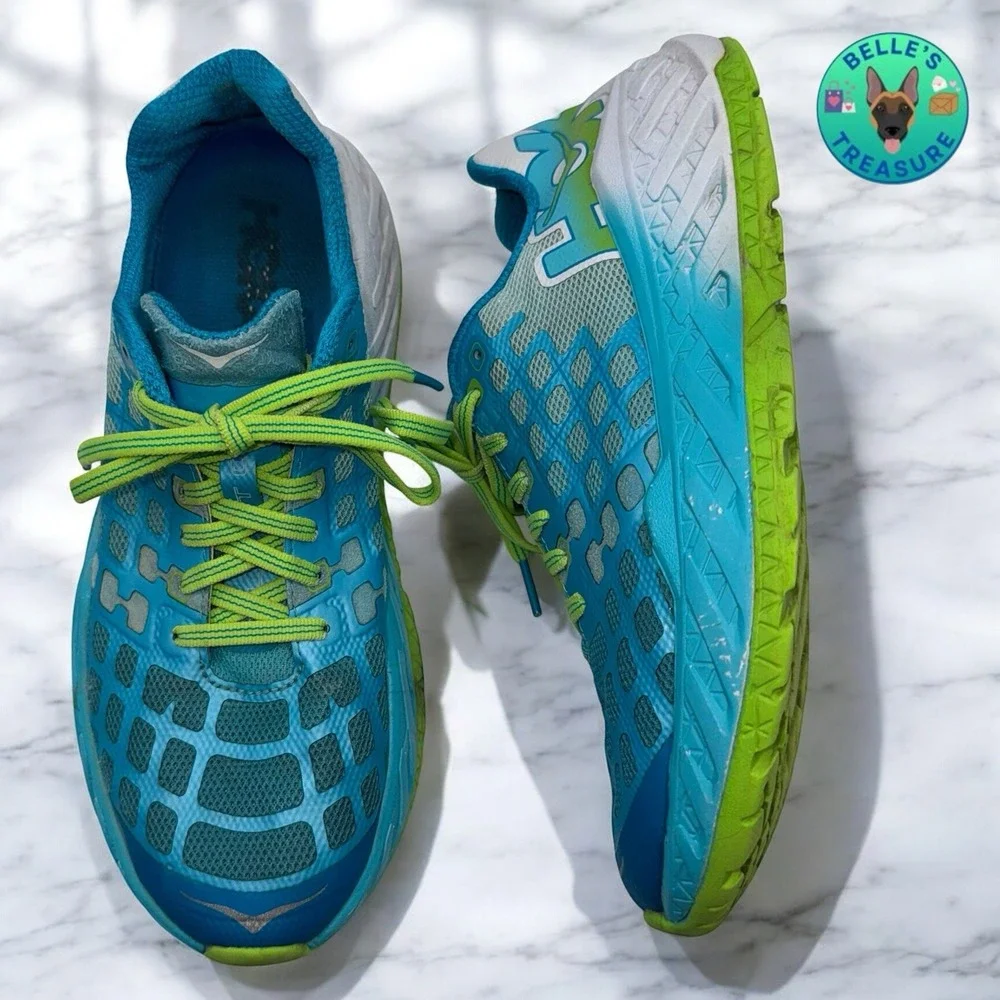 Hoka One One Clayton Shoes Women US‎ 8.5 Bright Green Blue Atoll Road Running
